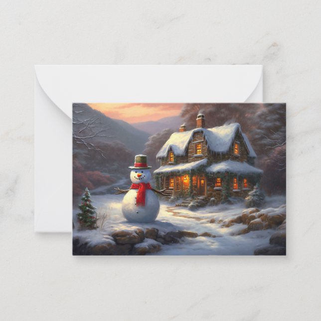 Cozy Christmas Cottage & Snowman | Vintage Winter  Card (Front)