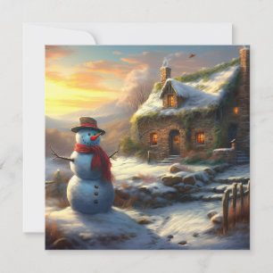 Cozy Christmas Cottage & Snowman Vintage Winter Holiday Card