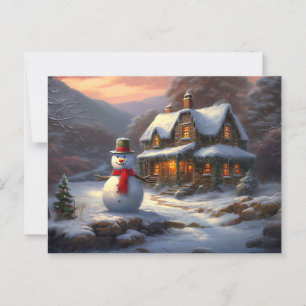 Cozy Christmas Cottage & Snowman Vintage Winter Postcard