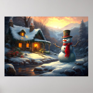 Cozy Christmas Cottage & Snowman Vintage Winter Poster