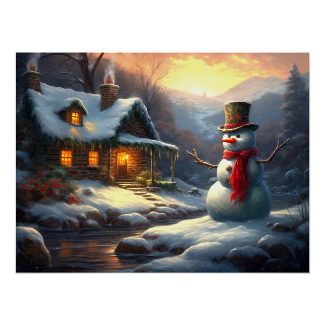 Cozy Christmas Cottage & Snowman | Vintage Winter Poster (Front)