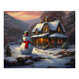 Cozy Christmas Cottage & Snowman   Vintage Winter  Poster