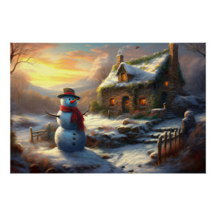 Cozy Christmas Cottage & Snowman   Vintage Winter  Poster