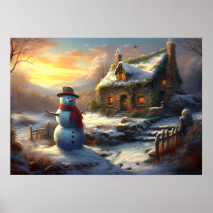 Cozy Christmas Cottage & Snowman Vintage Winter Poster