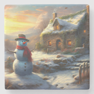 Cozy Christmas Cottage & Snowman Vintage Winter Stone Coaster
