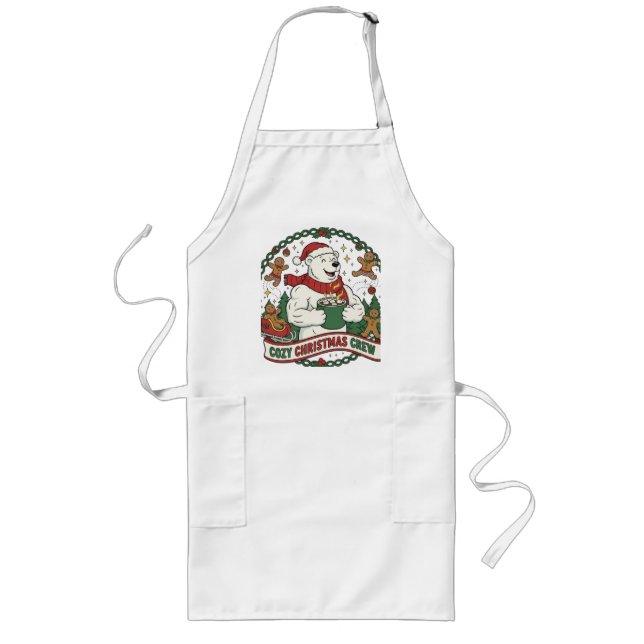 Cozy Christmas Crew – Cute Polar Bear & Gingerbrea Long Apron (Front)