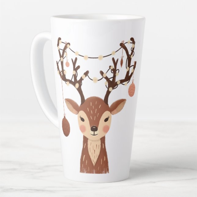 Cozy Christmas Deer with Ornaments and Lights Latte Mug (Left Angle)