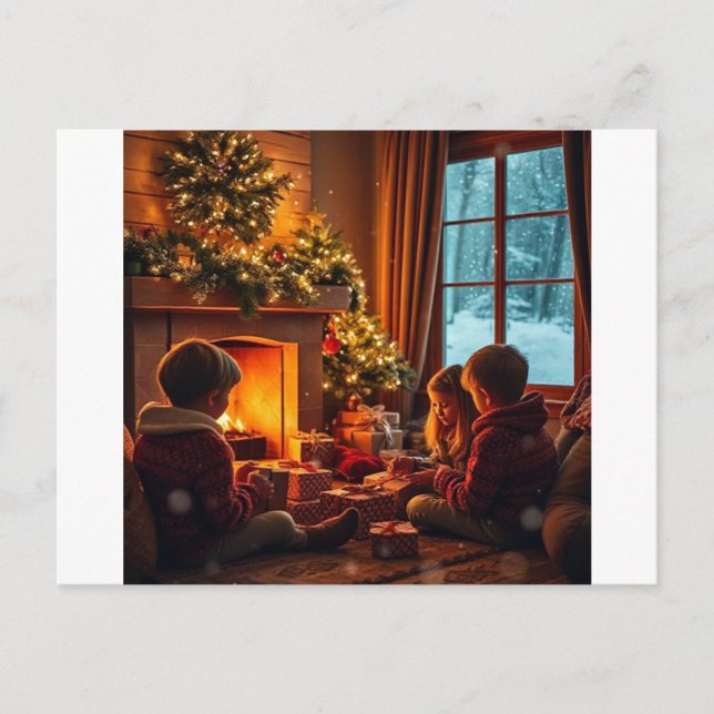 Cozy Christmas Eve by the Fireplace  Holiday Postcard (Front)