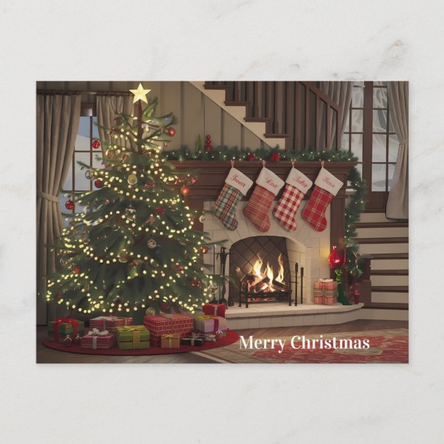 Cozy Christmas Eve by the Fireplace Stockings Postcard (Front)
