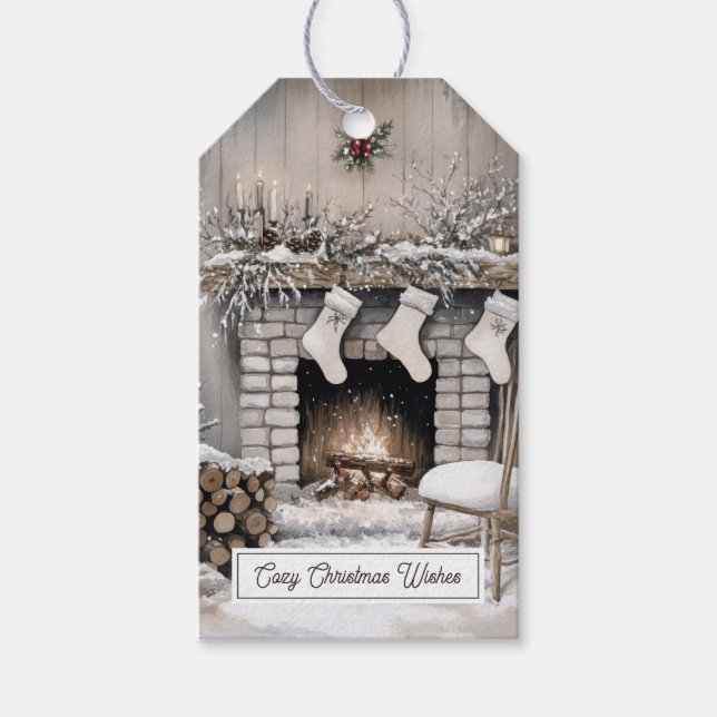 Cozy Christmas Fireplace Gift Tags (Front)