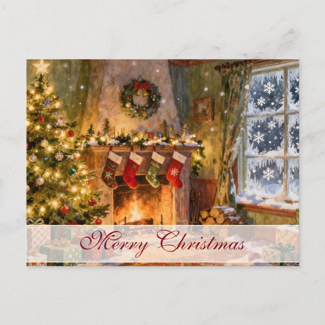 Cozy Christmas Fireplace Magic Postcard (Front)