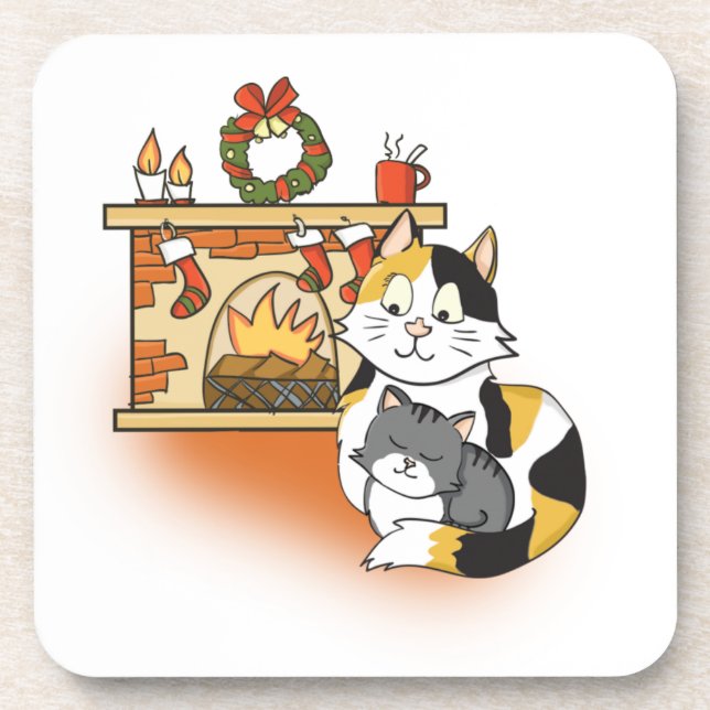 Cozy Christmas Fireplace Mom Cat with Kitten Coaster (Front)