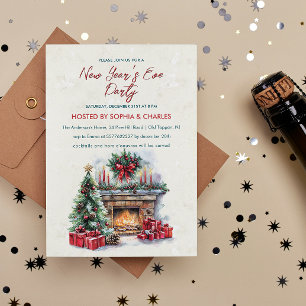 Cozy Christmas Fireplace New Year's Eve Party Invitation