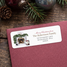 Cozy Christmas Fireplace Watercolor Family Name