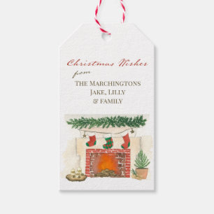 Cozy Christmas Fireplace with Stockings Gift Tags