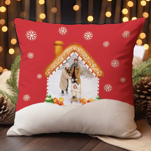 Cozy Christmas Gingerbread House Photo Holiday Throw Pillow