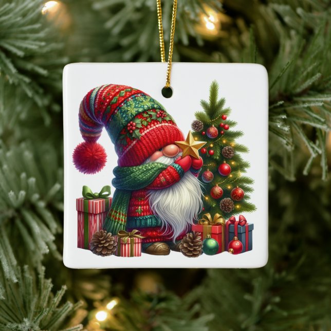 Cozy Christmas Gnome Art – Festive Holiday Ceramic Ornament (Tree)