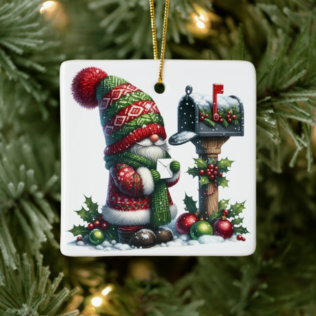 Cozy Christmas Gnome Art – Festive Holiday Ceramic Ornament (Tree)