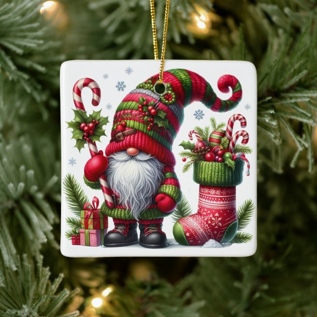 Cozy Christmas Gnome Art – Festive Holiday Ceramic Ornament (Tree)