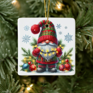 Cozy Christmas Gnome Art – Festive Holiday Ceramic Ornament