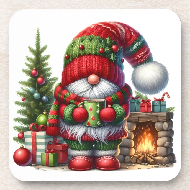 Cozy Christmas Gnome Art – Festive Holiday Coaster (Front)