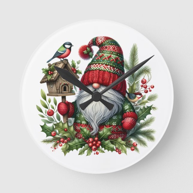 Cozy Christmas Gnome Art – Festive Holiday Round Clock (Front)