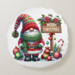 Cozy Christmas Gnome Art – Festive Holiday Round Pillow