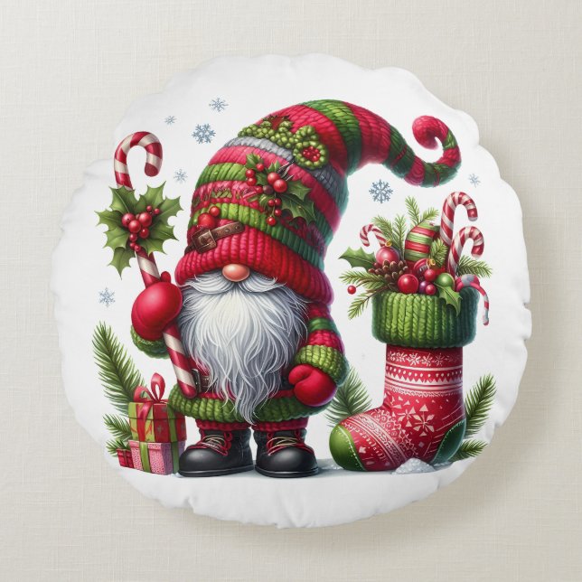 Cozy Christmas Gnome Art – Festive Holiday Round Pillow (Front)