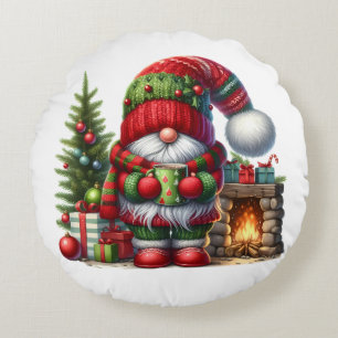 Cozy Christmas Gnome Art – Festive Holiday Round Pillow