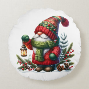 Cozy Christmas Gnome Art – Festive Holiday Round Pillow