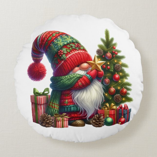 Cozy Christmas Gnome Art – Festive Holiday Round Pillow (Front)