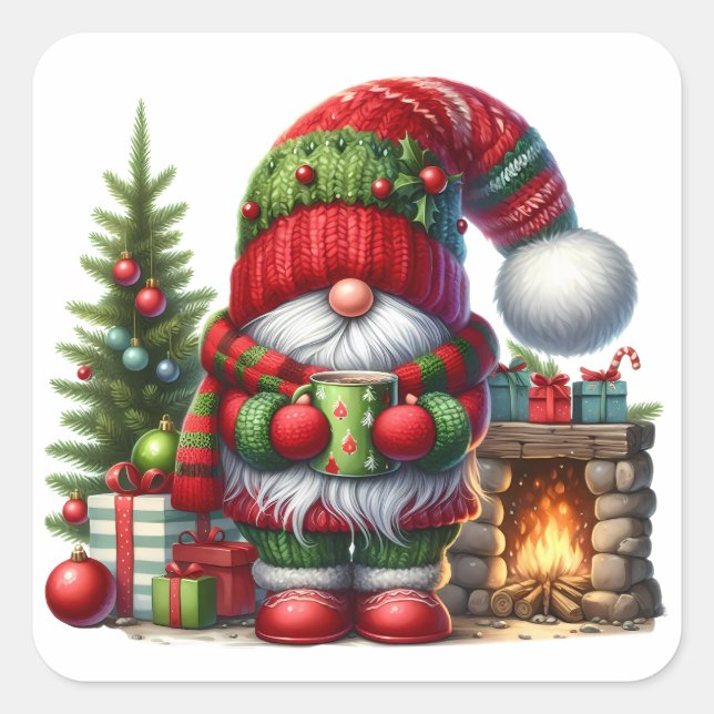 Cozy Christmas Gnome Art – Festive Holiday Square Sticker (Front)