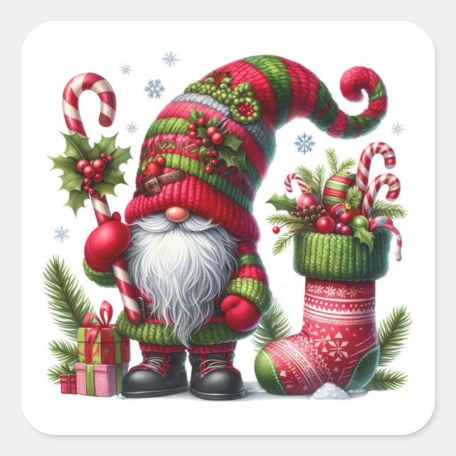 Cozy Christmas Gnome Art – Festive Holiday Square Sticker (Front)