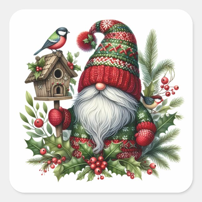 Cozy Christmas Gnome Art – Festive Holiday Square Sticker (Front)
