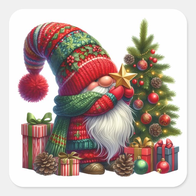 Cozy Christmas Gnome Art – Festive Holiday Square Sticker (Front)