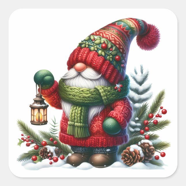 Cozy Christmas Gnome Art – Festive Holiday Square Sticker (Front)