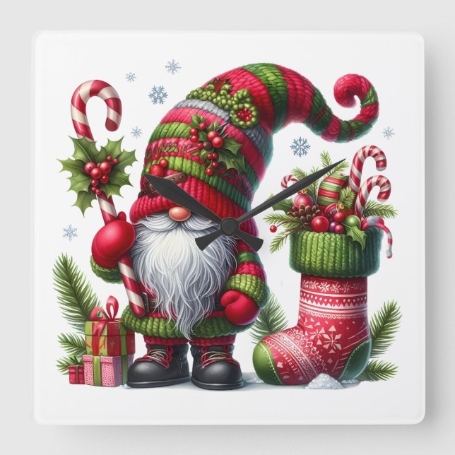 Cozy Christmas Gnome Art – Festive Holiday Square Wall Clock (Front)