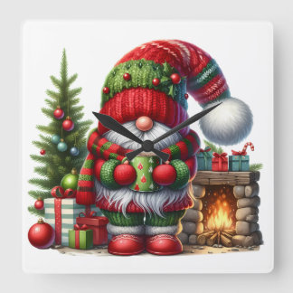Cozy Christmas Gnome Art – Festive Holiday Square Wall Clock