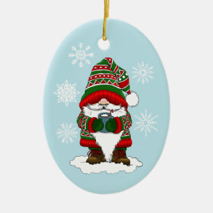 Cozy Christmas Gnome Red Green Winter Cute  Ceramic Ornament