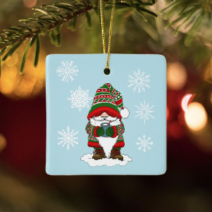 Cozy Christmas Gnome Red Green Winter Cute Ceramic Ornament