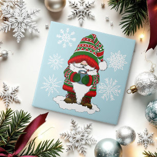 Cozy Christmas Gnome Red Green Winter Cute Tile