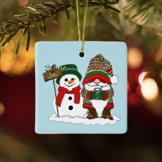 Cozy Christmas Gnome Snowman Winter Holiday Cute Ceramic Ornament