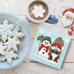 Cozy Christmas Gnome Snowman Winter Holiday Cute Glass Coaster