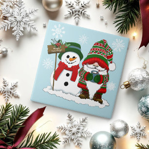 Cozy Christmas Gnome Snowman Winter Holiday Cute Tile