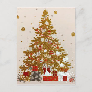 Cozy Christmas Gold Glittered Tree Presents Holiday Postcard