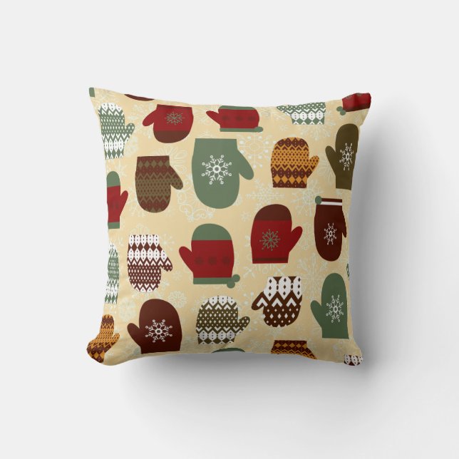 Cozy Christmas Holiday Winter Mittens Throw Pillow (Front)