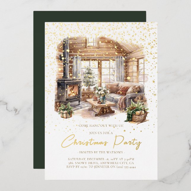 Cozy Christmas Home holiday Foil Invitation (Front/Back)