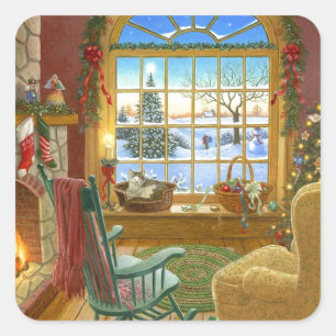Cozy Christmas Living Room Square Sticker