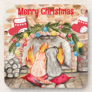 Cozy Christmas mantel with dog and cat Coaster