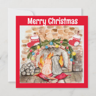 Cozy Christmas mantel with dog and cat Invitation